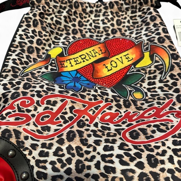 NWT Ed Hardy Eternal Love Leopard Print Drawstring Backpack NWT Red Rhinestones - Picture 4 of 11
